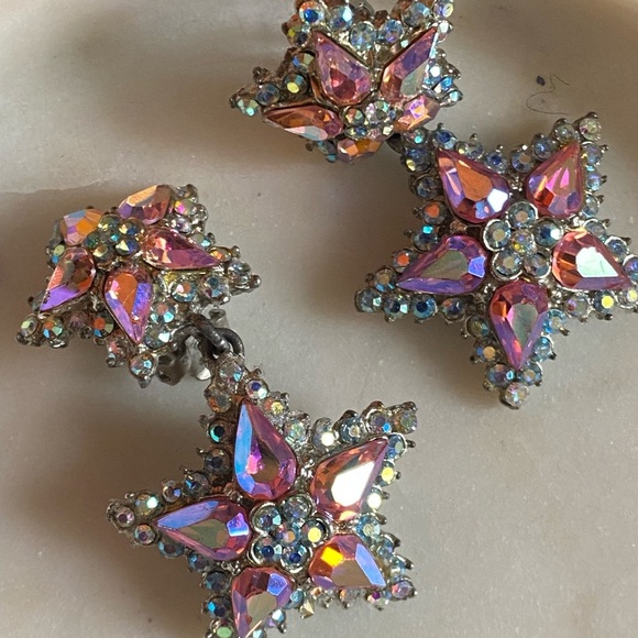 Vintage Thelma Deutsch Earrings pink/Star with AB Rhinestones Clip On ea… - Picture 1 of 13